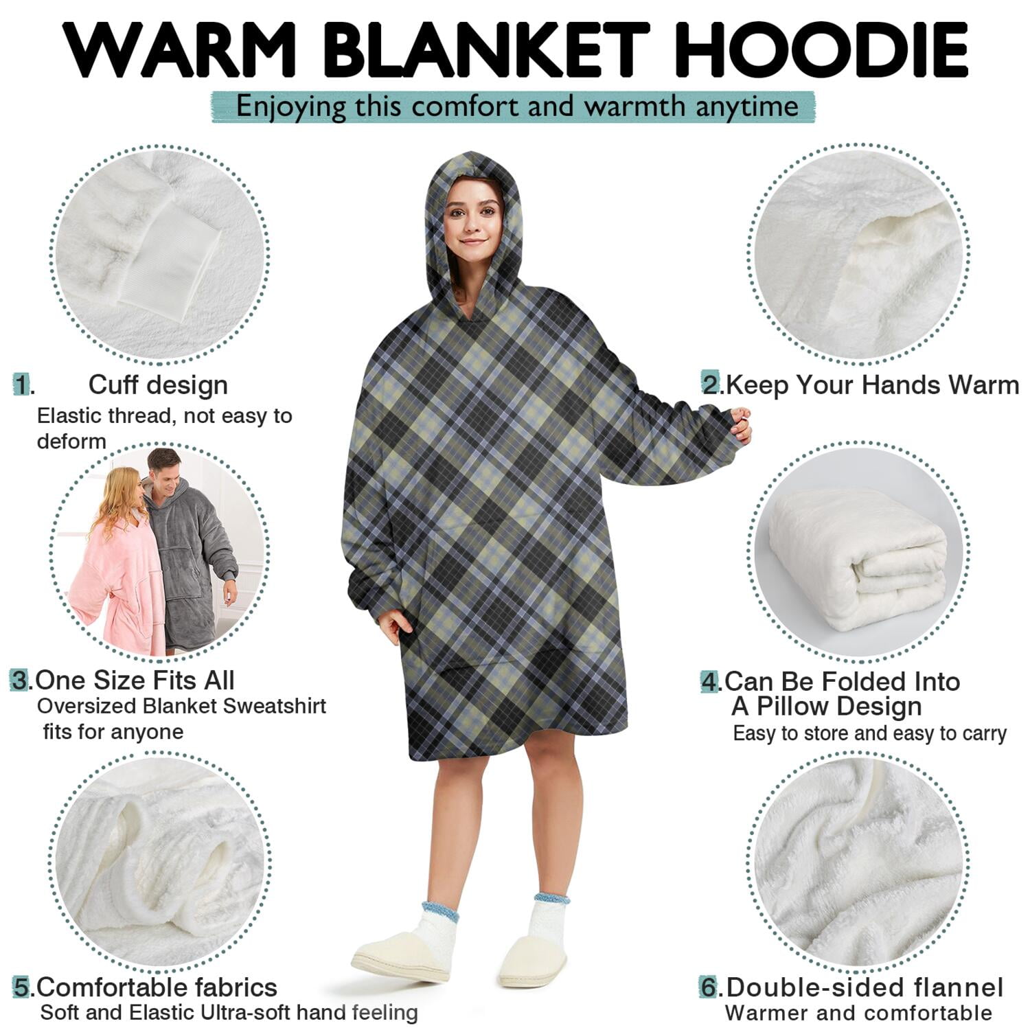 Gray Black Checkered Pattern Wearable Oversized Blanket,Wearable Blanket Hoodie for Adults,Cozy Hooded Blankets with Super Pockets,Super Warm Fuzzy Pullover for Women & Men