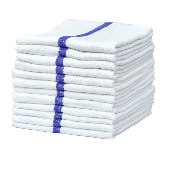 Pacific Linens Stripe Quick Drying Kitchen Towels Set, Absorbent 100% Cotton, 16 x 19 inch, Blue, 12 Pack