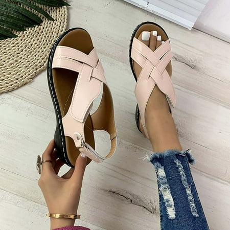 

TUTUnaumb Women s Sandals Size 9.5 Girls Sandals Women s Orthopedic Sandals Heightening Shoes Hollowed Out Flat Heels Peep-toe Casual Shoes Flat Wedge Cross Strap Sandals Velcro Casual Sandals-Pink
