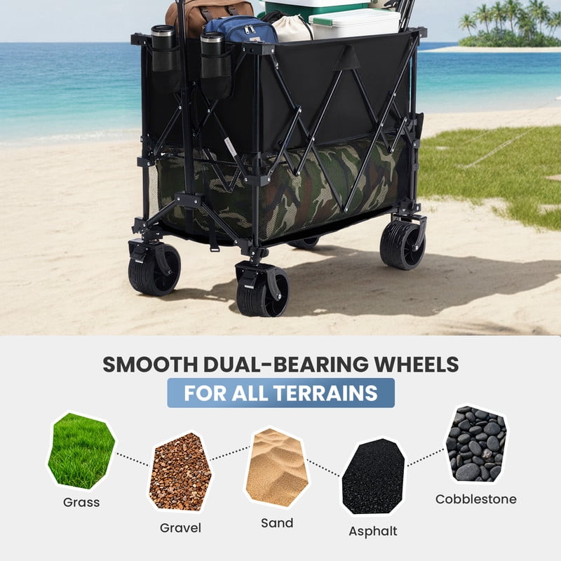 Gianna Folding Double Decker Wagon with Brakes, 54" Extra Long Extended Cart, Equipped with 7" All-Terrain Big Wheels for Camping, Sports，Black