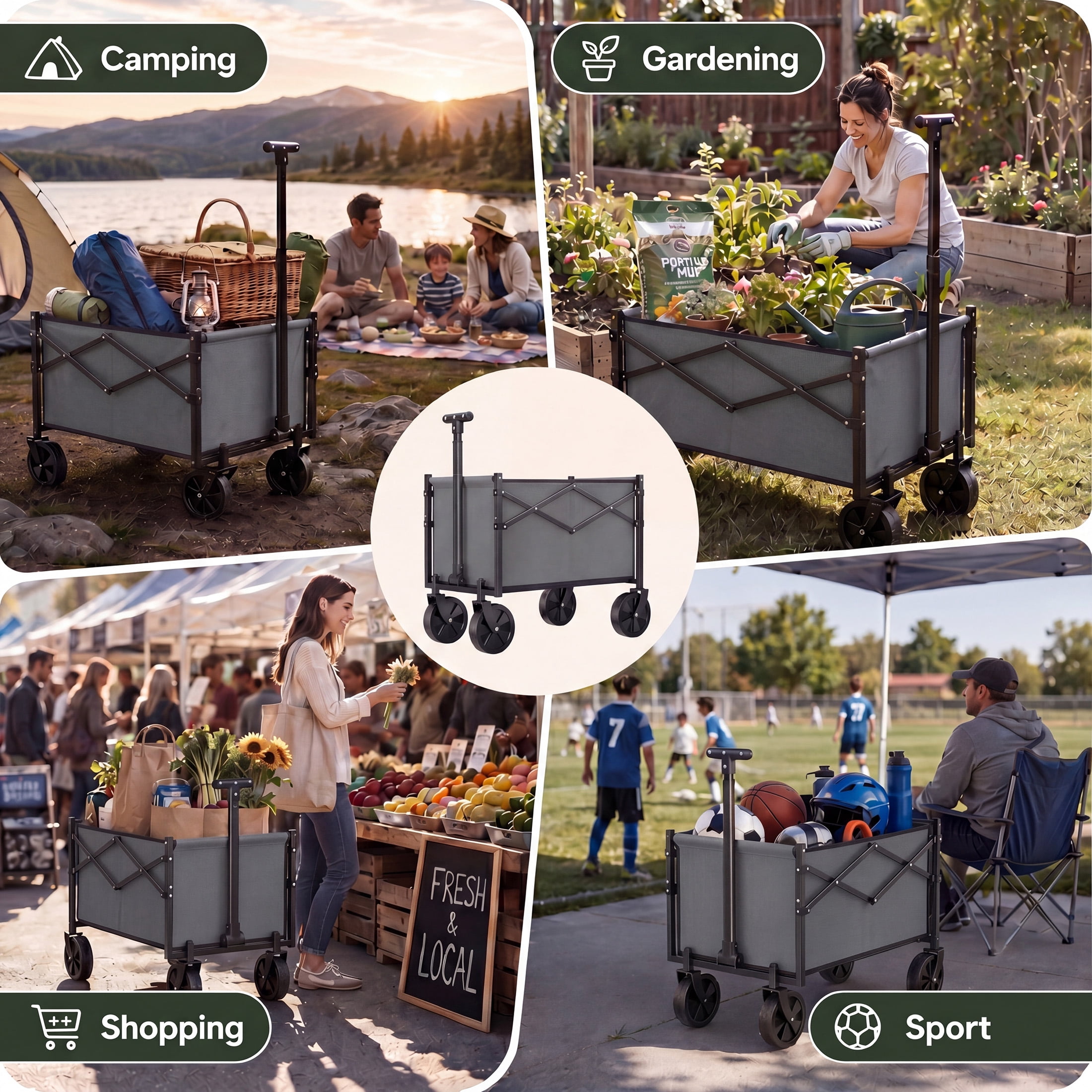 SHOUFTW Folding Wagon Cart, 220 lb Capacity Collapsible Utility Wagon with All-Terrain Wheels & Adjustable Handle, Gray