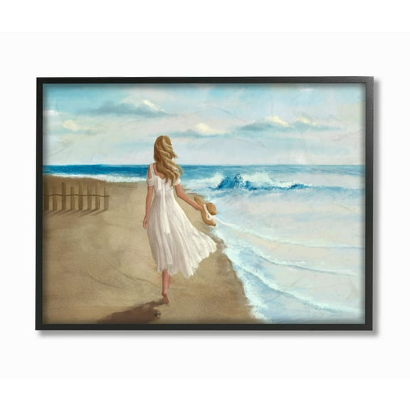 Stupell Industries Walk On The Beach Blue Ocean Painting Black Framed Art Print Wall Art, 24x30, by Ziwei Li