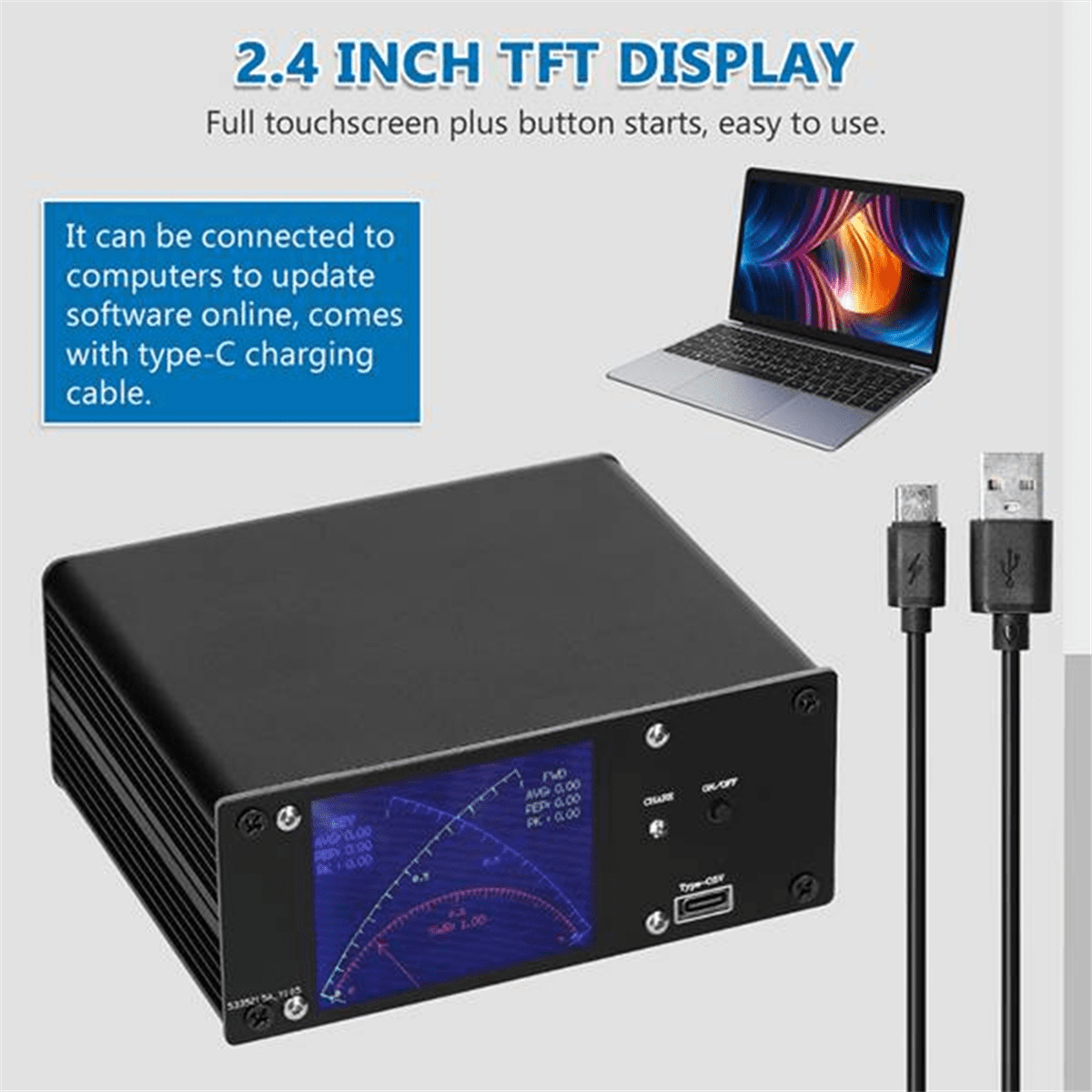 Full Touchscreen Shortwave Power Meter Standing-Waves Meter with over Voltage Standing Waves Ratio Alarm AVG Time Adj,1 x SWR Meter 1 x Type-C Cable,Black