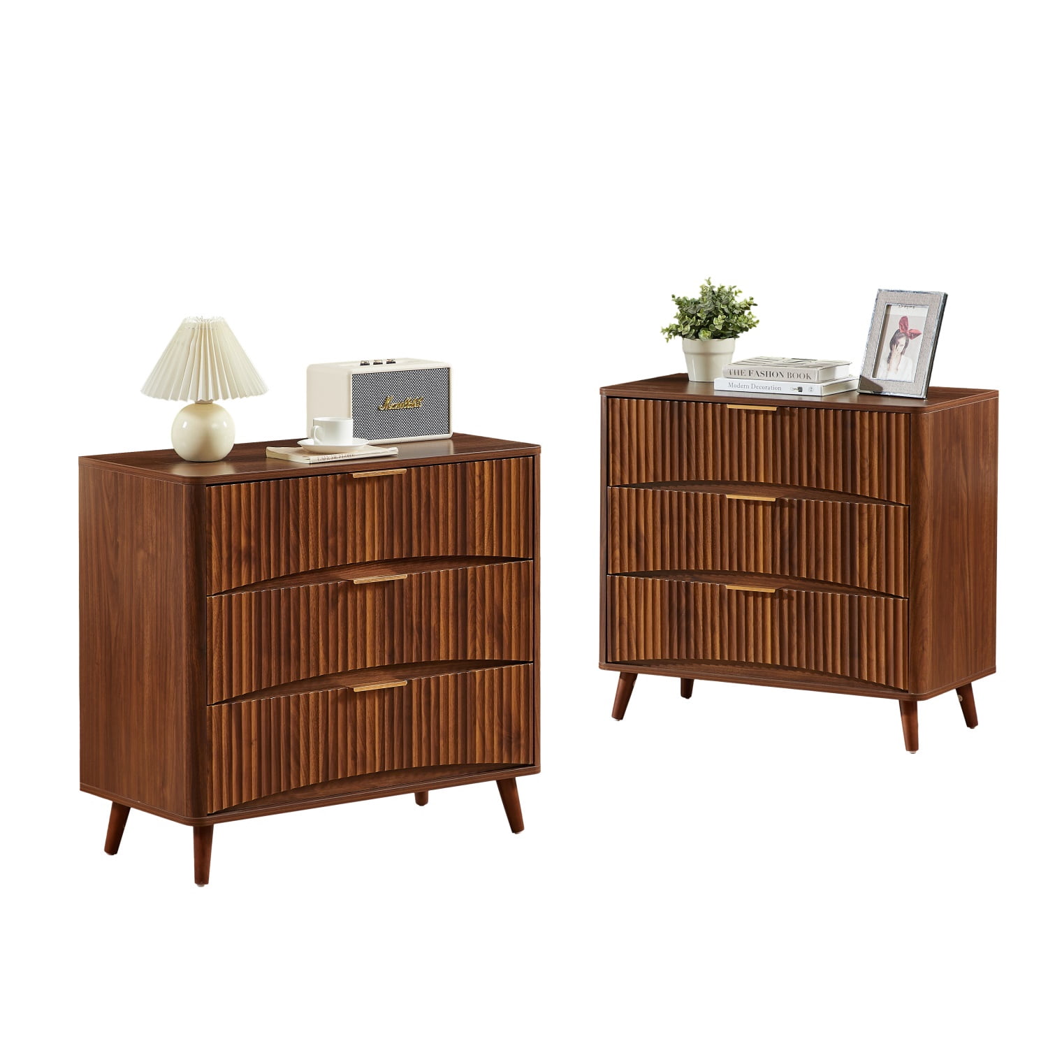 Hommoo Fluted 3-Drawer Dresser Set of 2, Mid-Century Modern Tall Chest with Vertical Grooved Design, Solid Wood-Look Particle Board & MDF Storage Cabinet for Bedroom or Living Room, Walnut