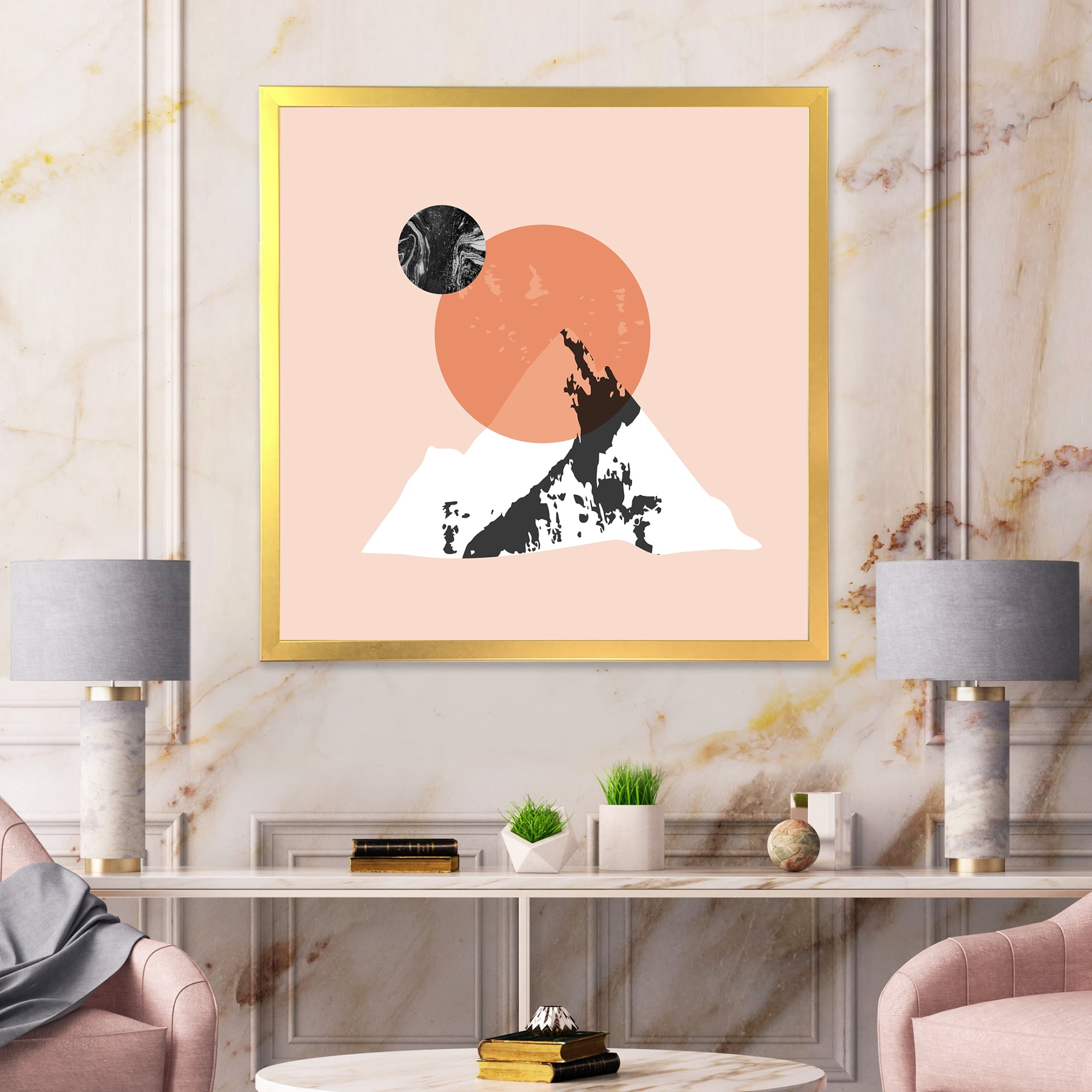 Designart 'Modern Minimalist Mountain Moon and Sun' Modern Framed Art Print