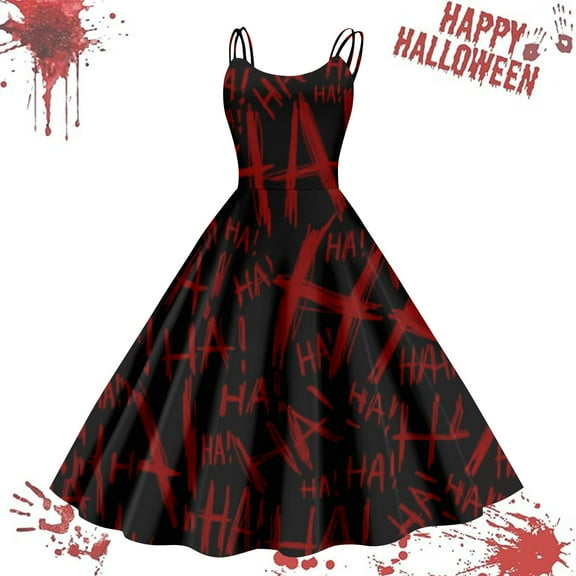 HAJWOH Womens Halloween Dresses Novelty Pumpkin Bat Spider Blood Print Long Dresses Sleeveless Cocktail Dresses Vneck Party Dresses White XL