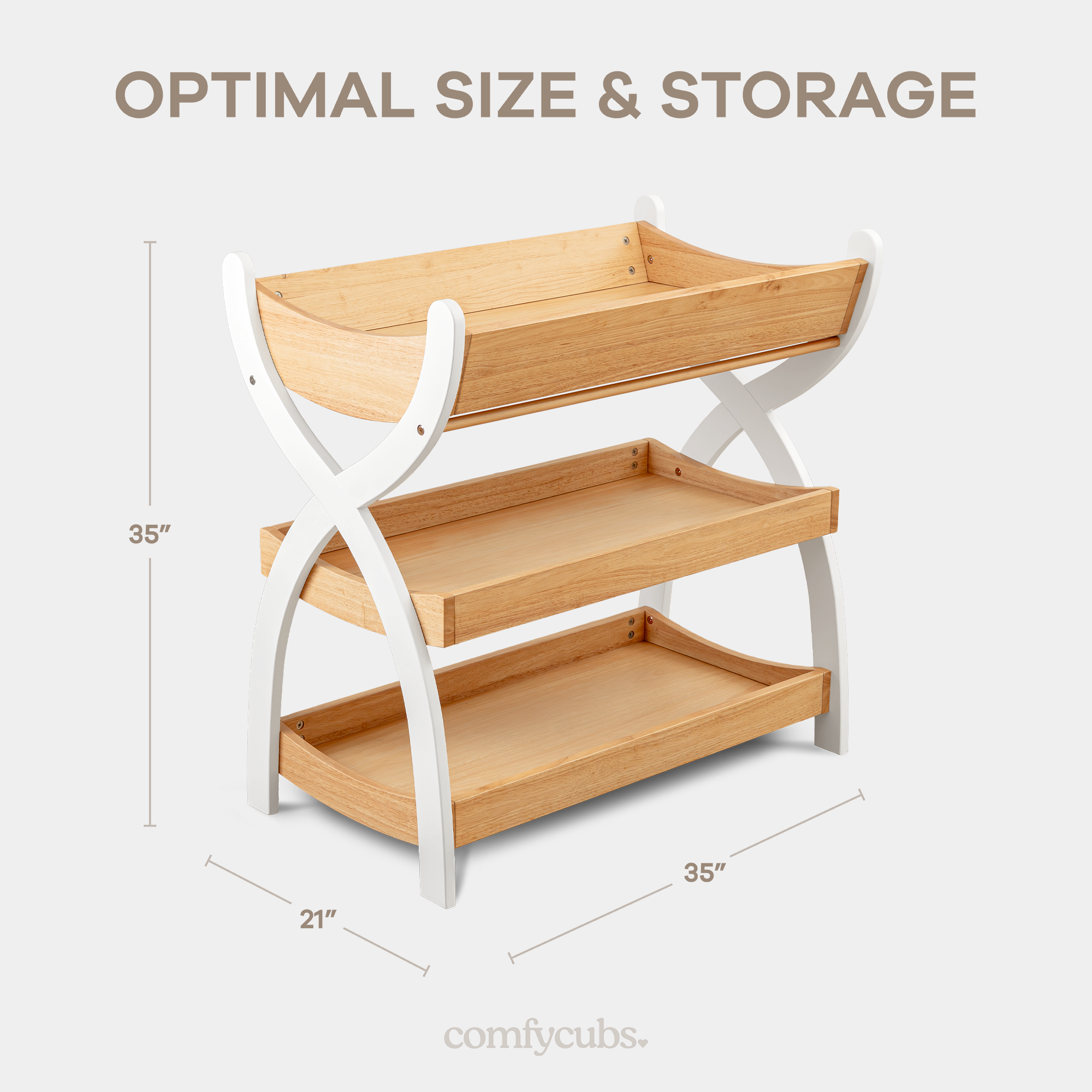 Comfy Cubs Baby Changing Table with Two Open Shelves for Storage - Natural Wood with White Legs