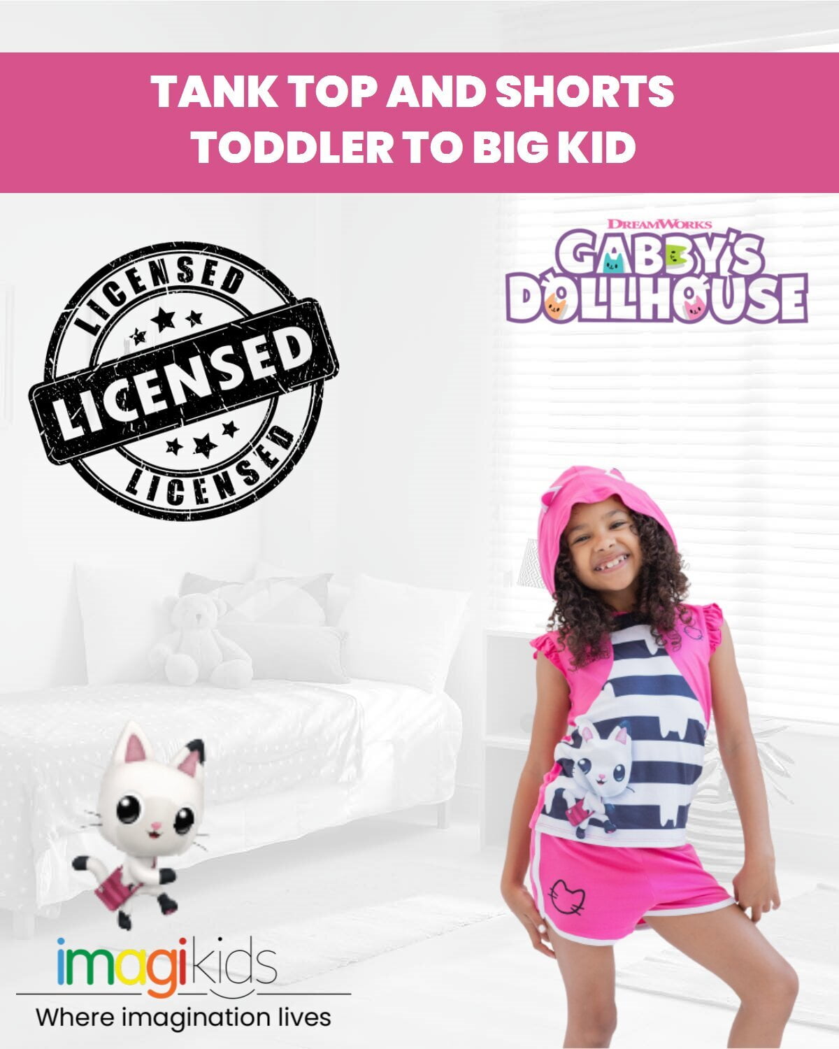 Dreamworks Gabby's Dollhouse Pandy Paws Hooded Tank Top and Dolphin Shorts Outfit Set Toddler to Big Kid