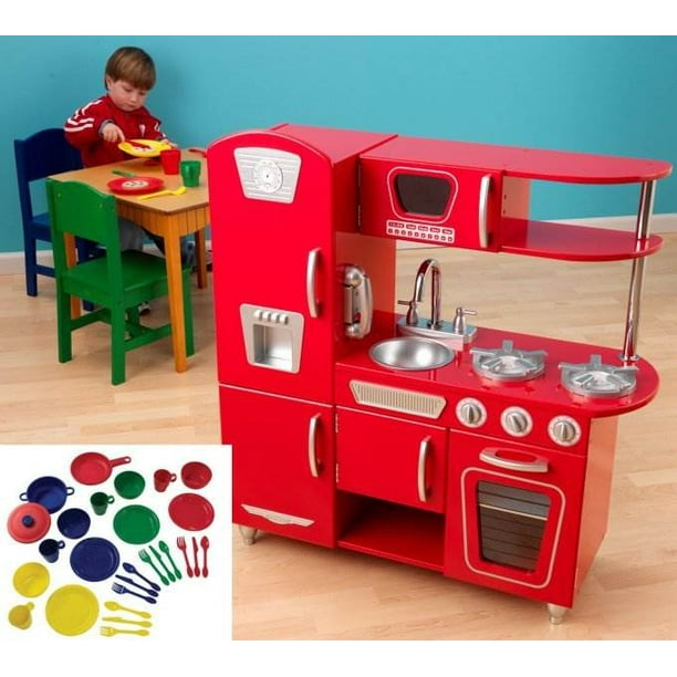 KidKraft Red Retro Vintage Pretend Play Kids Kitchen & 27 Piece Dish Set - Walmart.com - Walmart.com