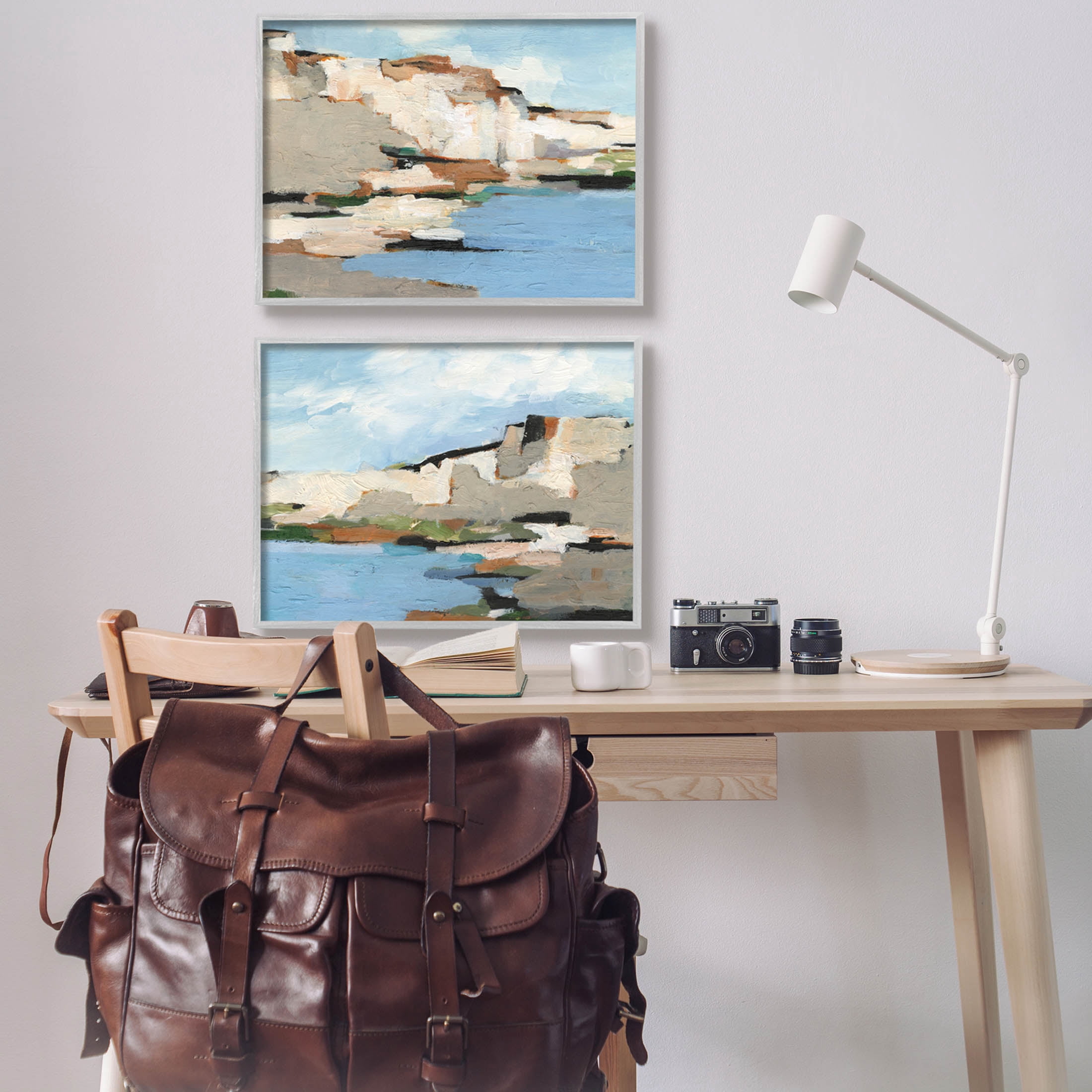 Seaside Cliff Modern Landscape Landscape Painting Gray Framed Art Print Wall Art, Set of 2