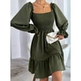 thumbnail image 2 of Women'S Square Neck Lantern Long Sleeve Ruffle Shirred Flowy Party Mini Dress  Green XXL, 2 of 8