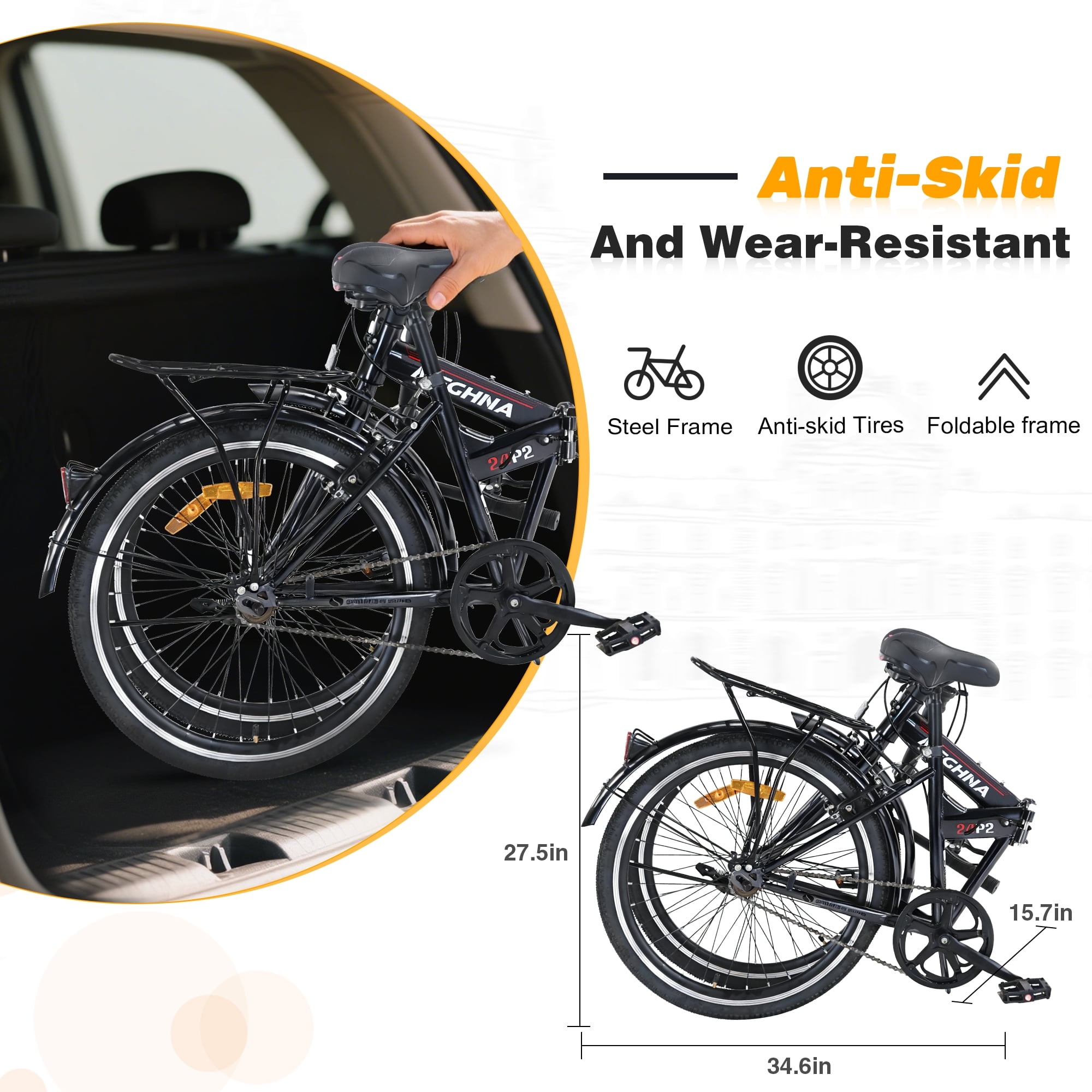 Ambifirner 24 Inch Folding Bike for Adults, Steel Frame Single Speed Commuter, Quick-Release Fold, Dual V-Brakes, Adjustable Leather Saddle, Full Fenders, Black