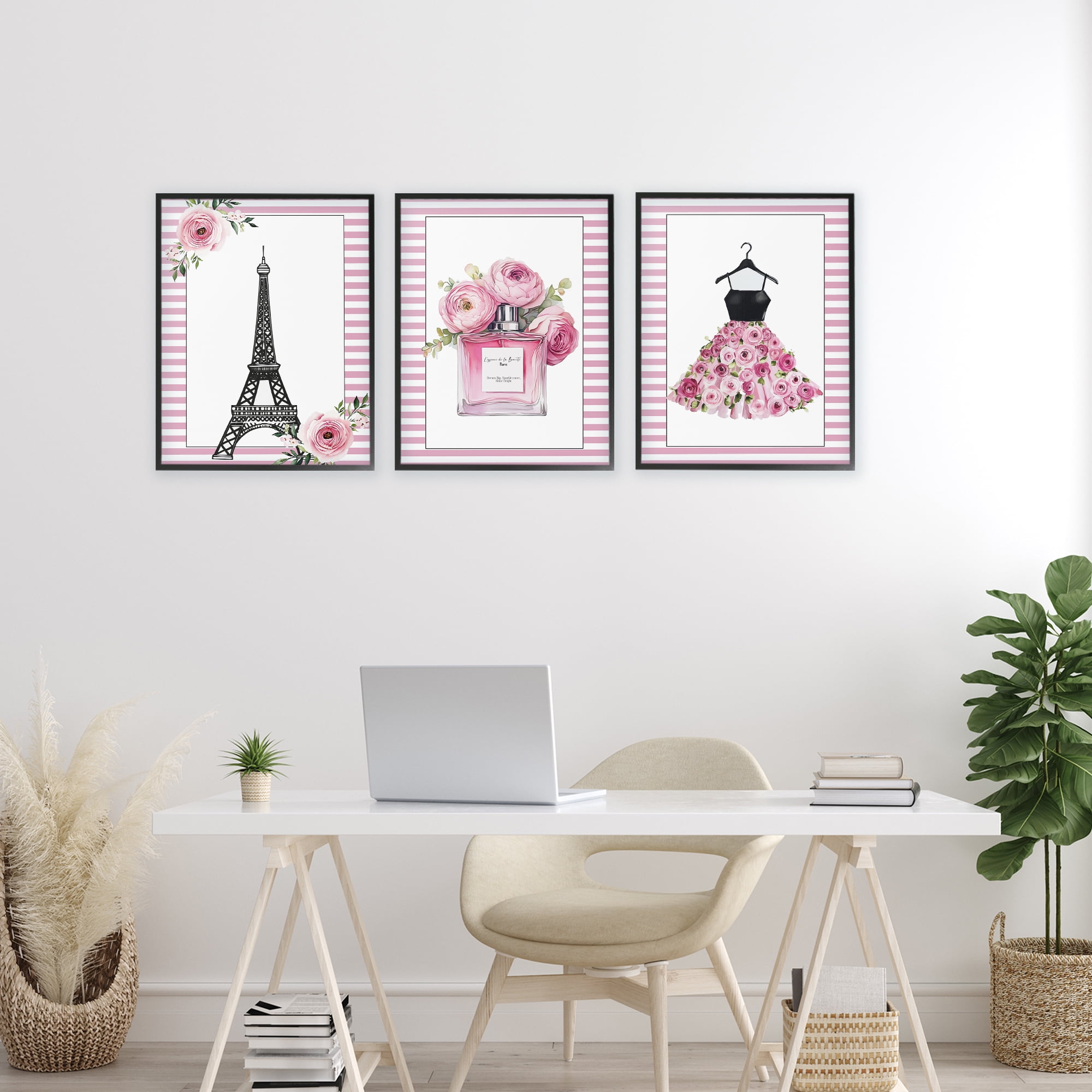 Parisian Glam with Stripes 3 Piece Black Framed Giclee Art Set, design by Christine Simpson Art