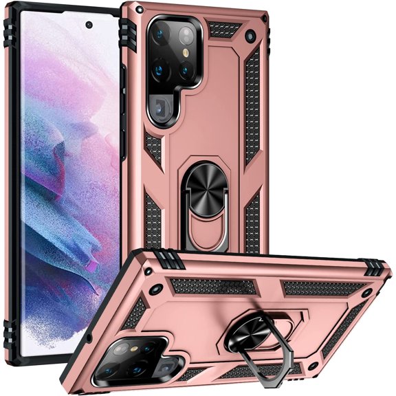 Military Grade Drop Impact for Samsung Galaxy S22 Ultra Case Galaxy S22 Ultra 5G Case 360 Metal Rotating Ring Kickstand Holder Shockproof Case for Galaxy S22Ultra Phone Case (Rose Gold)