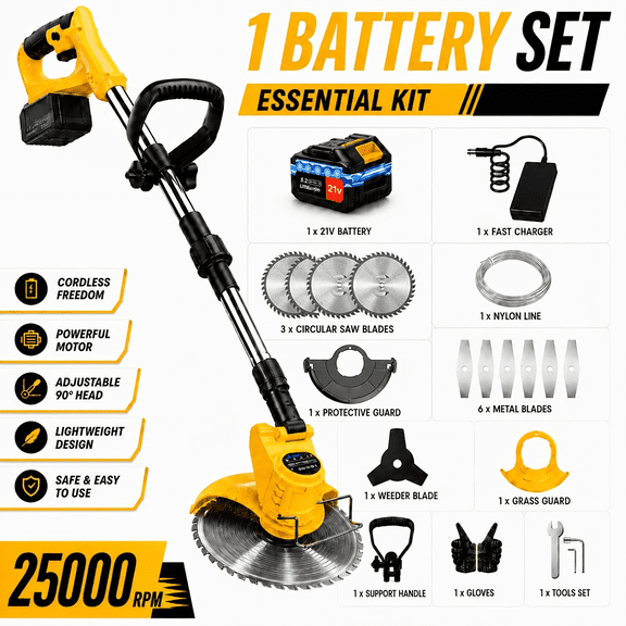 21V Cordless Lawn Mower, 25,000 RPM, 5.2Ah Battery Grass Trimmer with 6 Blades, Adjustable Handle, Suitable for Lawns, Gardens and Courtyards