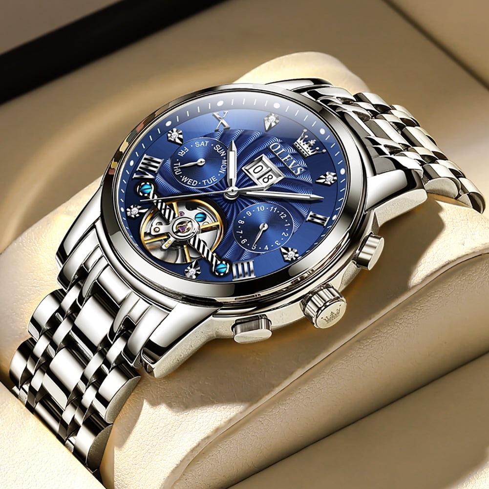 OLEVS Watch for Men Automatic Skeleton Tourbillon Mechanical Self Winding Business Luxury Dual Calendar Stainless Steel Luminous Waterproof Man Wrist Watches Blue Dial