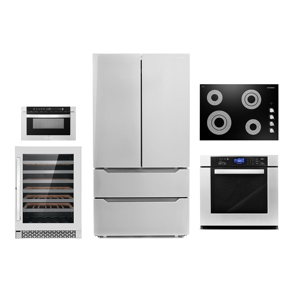 Cosmo 5 Piece Kitchen Appliance Package With 30" Electric Cooktop 24" 48 Bottle Freestanding Wine Refrigerator 30" Single Electric Wall Oven 24" Built-In Microwave Drawer & French Door Refrigerator