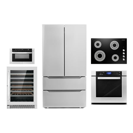 Cosmo 5 Piece Kitchen Appliance Package With 30  Electric Cooktop 24  48 Bottle Freestanding Wine Refrigerator 30  Single Electric Wall Oven 24  Built-In Microwave Drawer & French Door Refrigerator