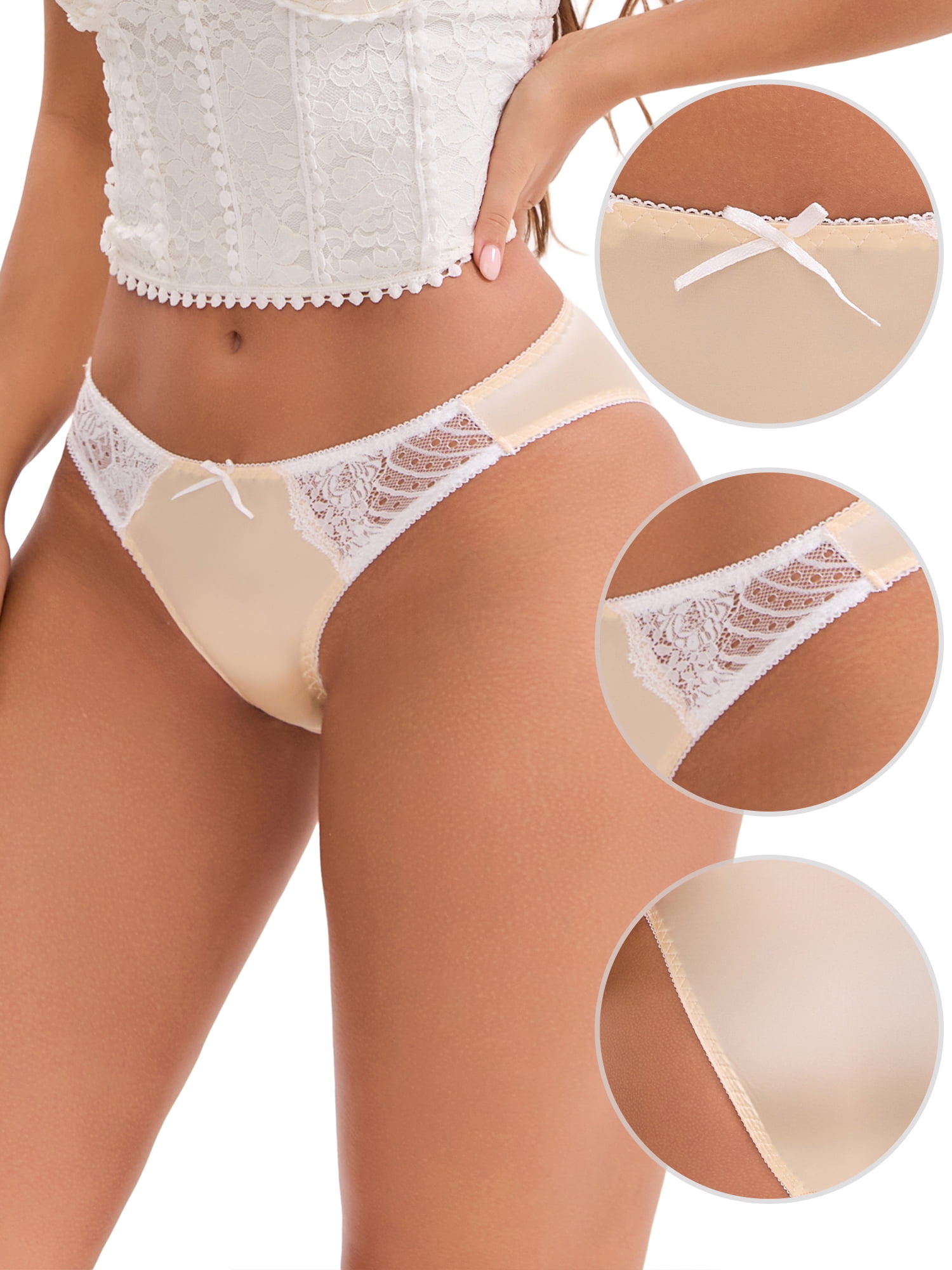 DARING DIVA Women's Lace Satin Low Rise Comfortable Smoothing Briefs M Light Beige