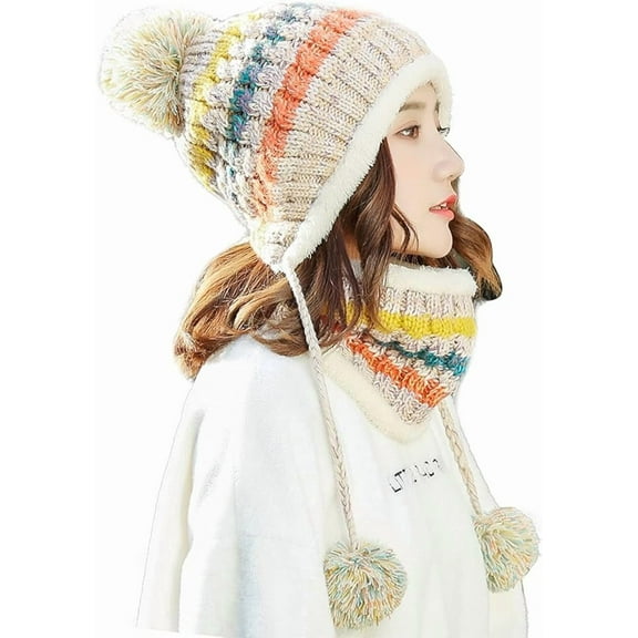 Women Winter Beanie Hat Circle Scarf Set, Pompoms Peruvian Ski Snow Ear Flaps Sherpa Knit Hats, Fleece Lined Hats Neck Warmer Set