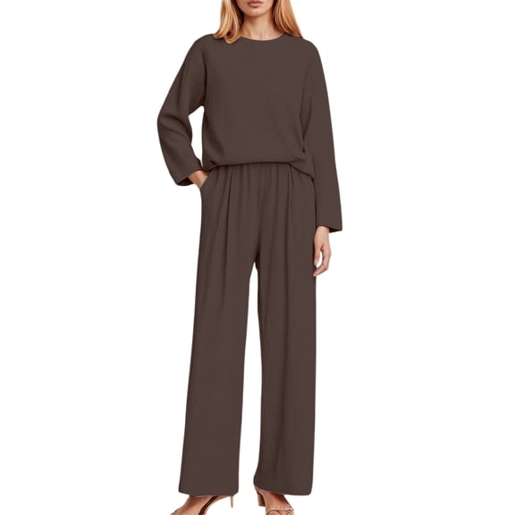 sususu 2 Piece Sets for Women Fall,Fall Sets Women's Ribbed Long Sleeve Top with Wide Leg Trousers Two Piece Casual Wear Outfit for Daily Comfort and Modern Style - Brown