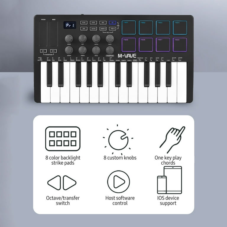 25 Key Bluetooth USB MIDI Keyboard Controller With 8 Backlit Drum Pads,  Portable Rechargeable Dynamic Keybed 8 Knobs and Music Production, Smart