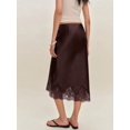 thumbnail image 2 of Brown Silk Satin Midi Skirt With Lace Hem Elastic Waist A-Line Flowy, 2 of 6
