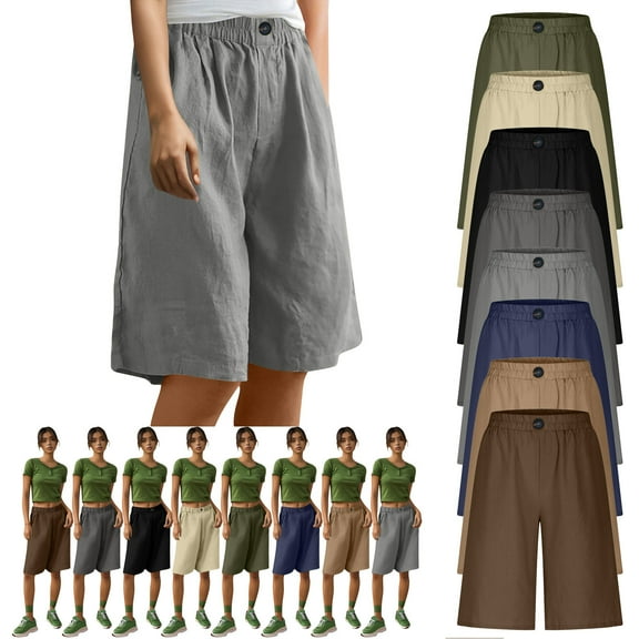 Eiyaclvo Bermuda Shorts for Women Knee Length Cotton Linen Shorts Elastic Waisted Loose Fit Summer Shorts Straight Leg Beach Shorts
