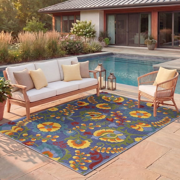 Nourison Aloha Indoor/Outdoor Navy Multicolor 5'3" x 7'5" Area Rug (5x7)