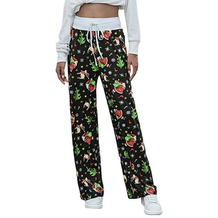 

Women s Comfy Casual Pajama Pants Christmas Print Drawstring Palazzo Lounge Pants Wide Leg S-3XL