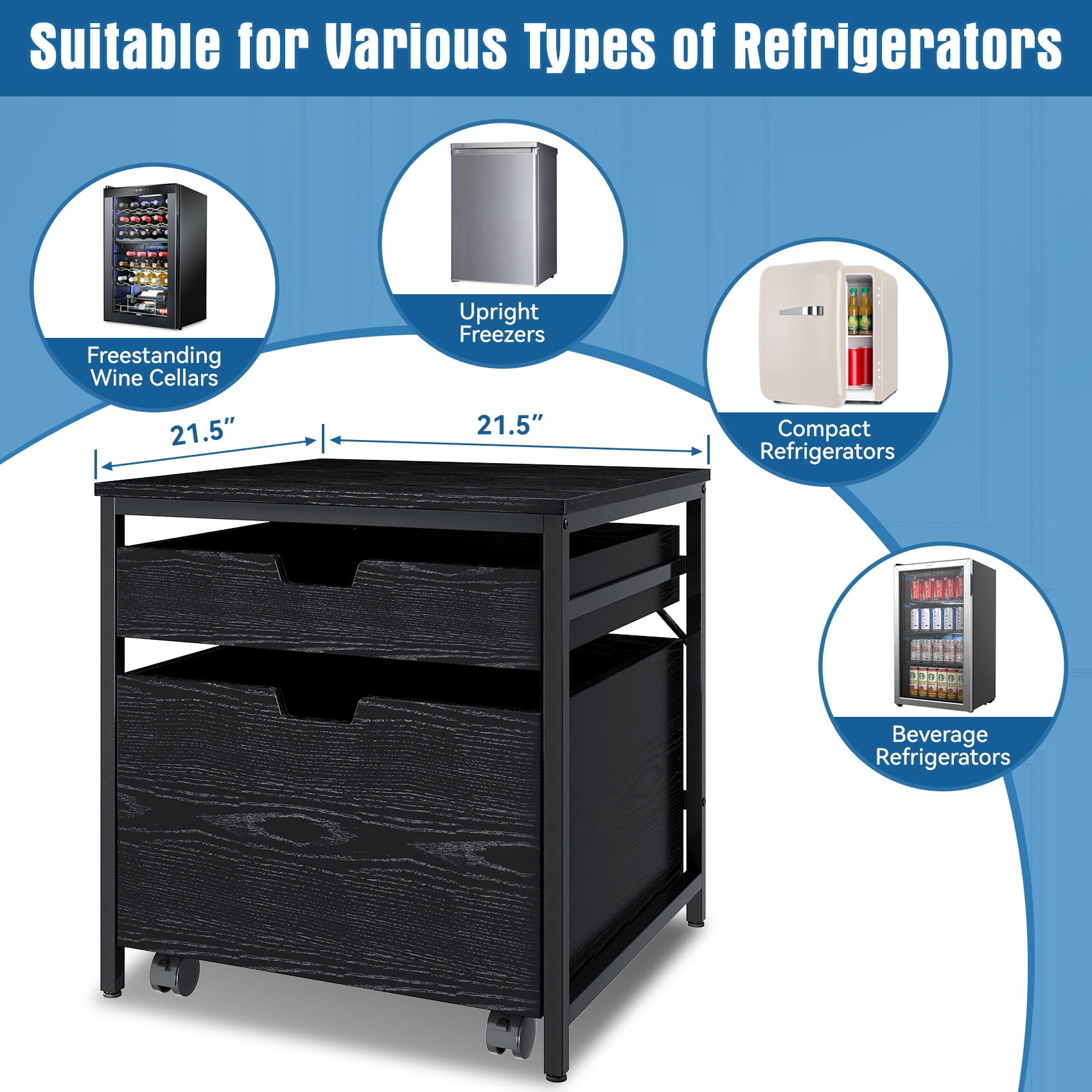 TC-HOMENY Mini Fridge Stand with 2 Storage Drawers, Refrigerator Microwave Table Shelf with Lockable Mobile Wheels, Beverage Compact Fridge Cabinet for Dorm, Apartment, Office