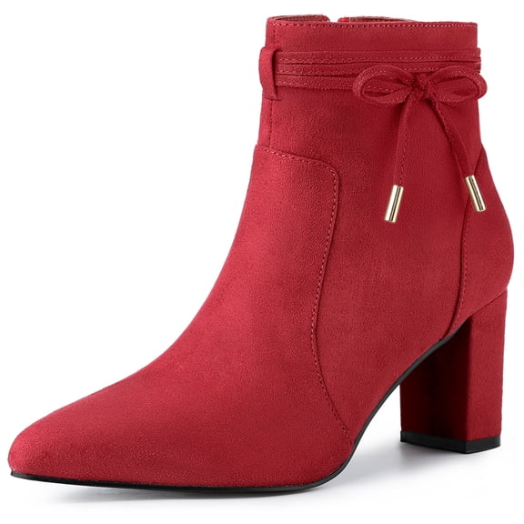 Unique Bargains Women's Pointed Toe Chunky Heel Zipper Ankle Boots Red 8