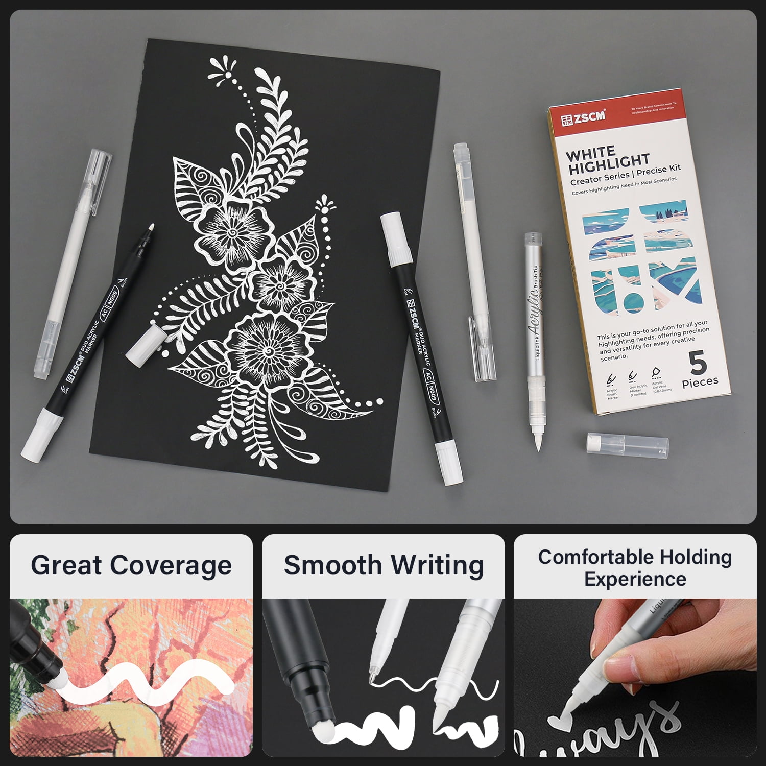 5 Pack White Acrylic Ink Pens for Drawing, Fine Point White Gel Pens, Opaque Acrylic Markers for Black Paper Sketching, Illustration, Card Making