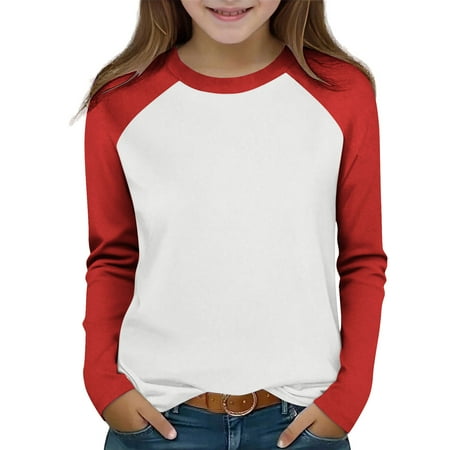fnnxnal Little Girls 6T Red Raglan Long Sleeve Top - Soft Polyester Spandex All-Day Comfort Ideal for Daily Wear Playdates & School