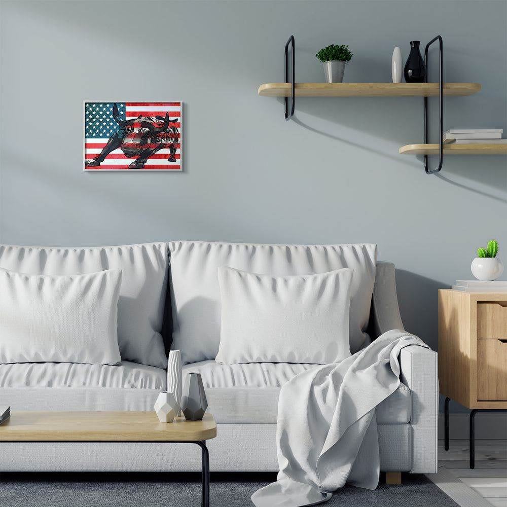 Stupell Industries American Flag USA Rustic Bull Design Gray Farmhouse Rustic Framed Giclee Texturized Art by Daniel Sproul