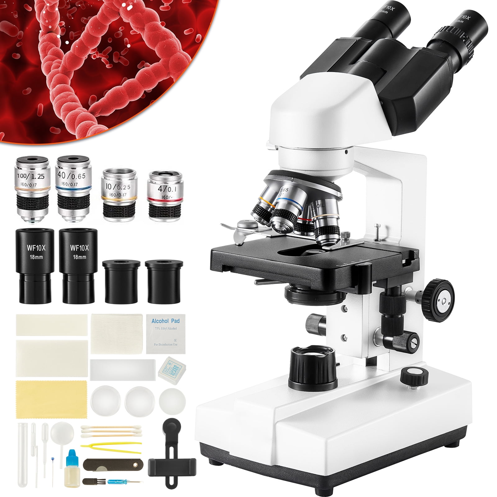 KFFKFF Dual-View Compound Microscope, Magnification Range 40X-2500X, LED-Lit Laboratory Microscope with Dual Layer Stage, Comes with Smartphone Mount & Slide Set