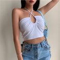 thumbnail image 4 of VISgogo Chaleco de color sólido a la moda para mujer Sexy Cross Hollow Exposed Navel Tie-up Halter Tops VISgogo moda, 4 of 5