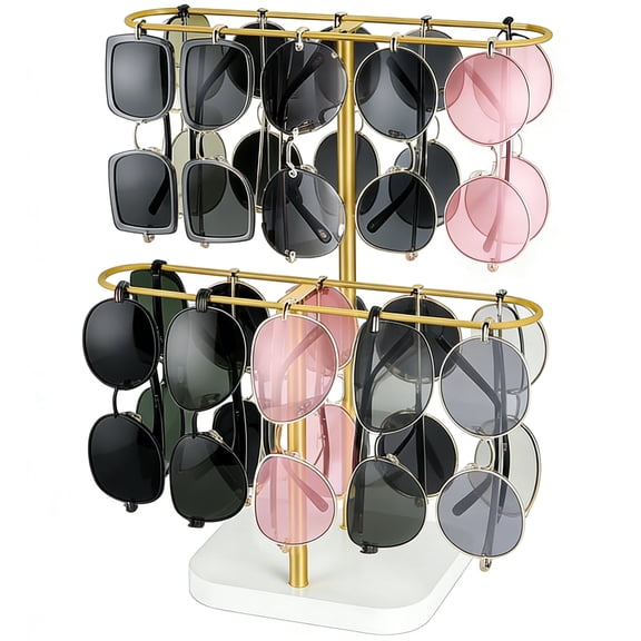 Remiawy Sunglasses Organizer, Glasses Holder Stand Metal Frame with Wood Base for 24 Pairs Eyewear, Sunglass Storage Display Rack 2 Tier Eyeglasses Holder for Table Countertop, Gold