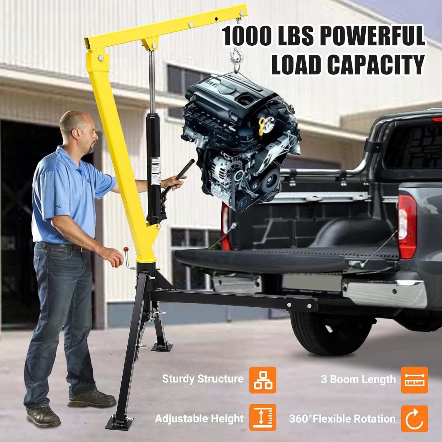 Lumiparty Hydraulic Pickup Truck Crane, 1000 lbs Capacity, 360°Swivel, Hitch Mounted Crane for Lifting Goods in Construction, Industry, Yellow
