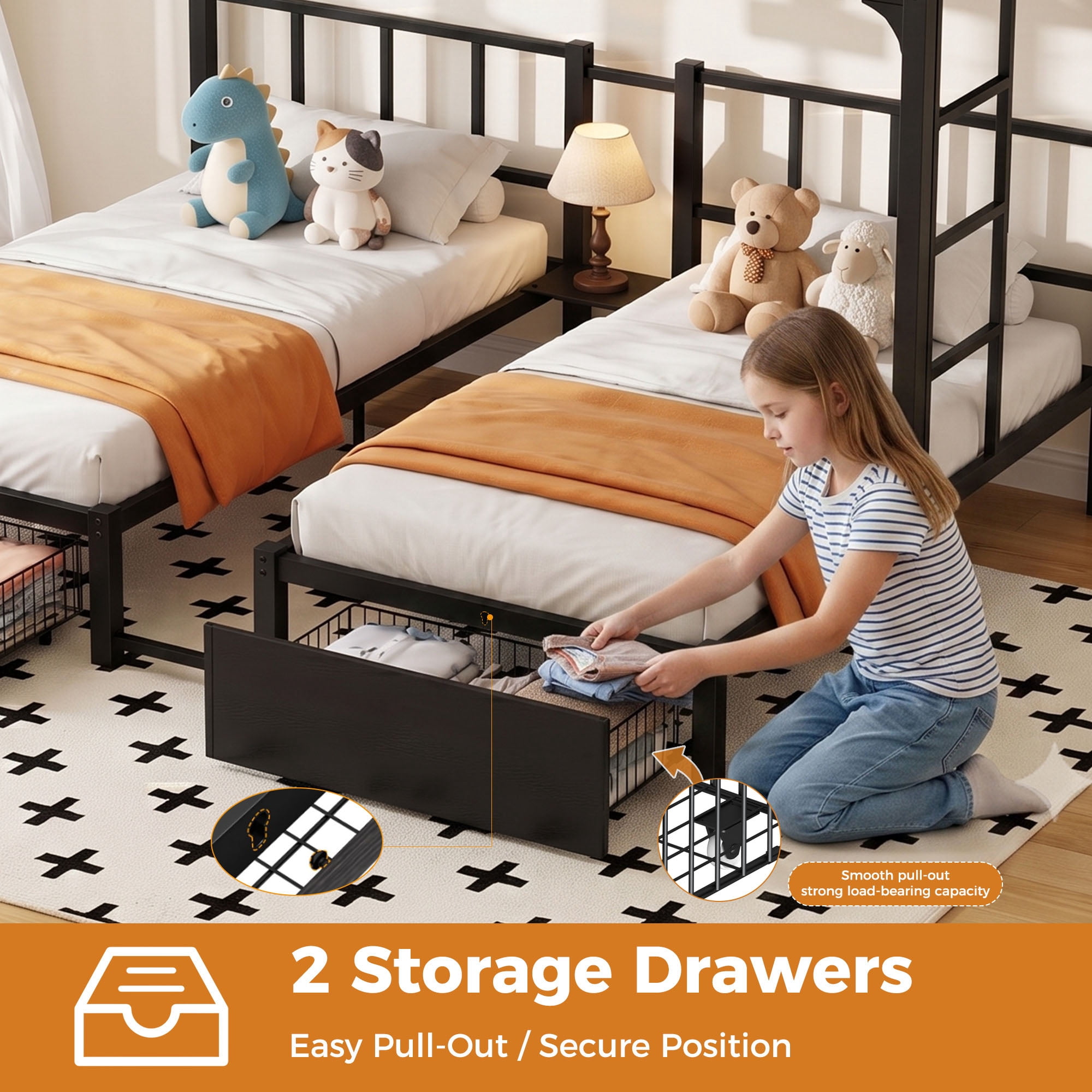Miniyam Triple Bunk Bed with 2 Storage Drawers, Twin Over Twin Over Twin XL, LED Light and Power Strip, Black