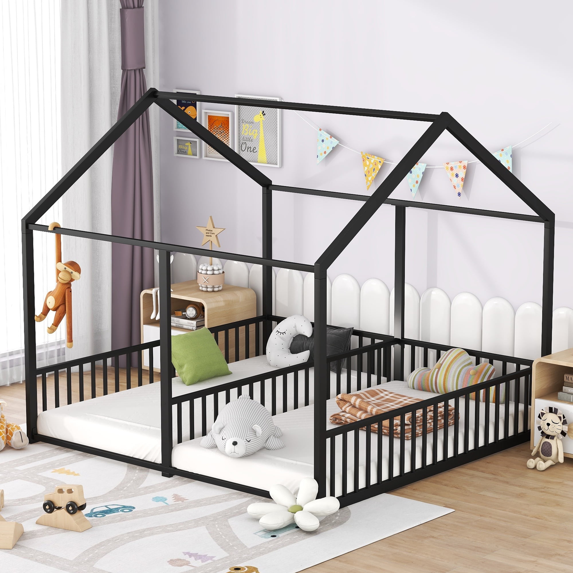 Euroco Metal Twin Size House Canopy Bed, 2-in-1 Beds for Kids Room, Black