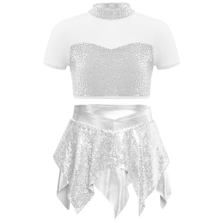 TTAO Kids Girls 2Pcs Sequins Dance Clothes Set Short Sleeve Crop Top with Irregular Hem Skirt Jazz Latin Cheer Dancewear Silver 8