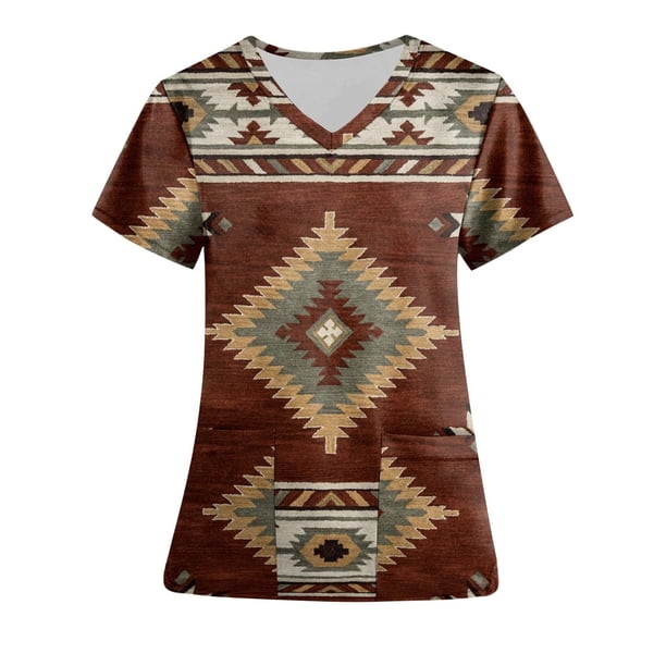 Blusa de manga corta con cuello en V para mujer, blusa de bolsillo con estampado de uniforme de trabajo OAVQHLG3B Store lin121212
