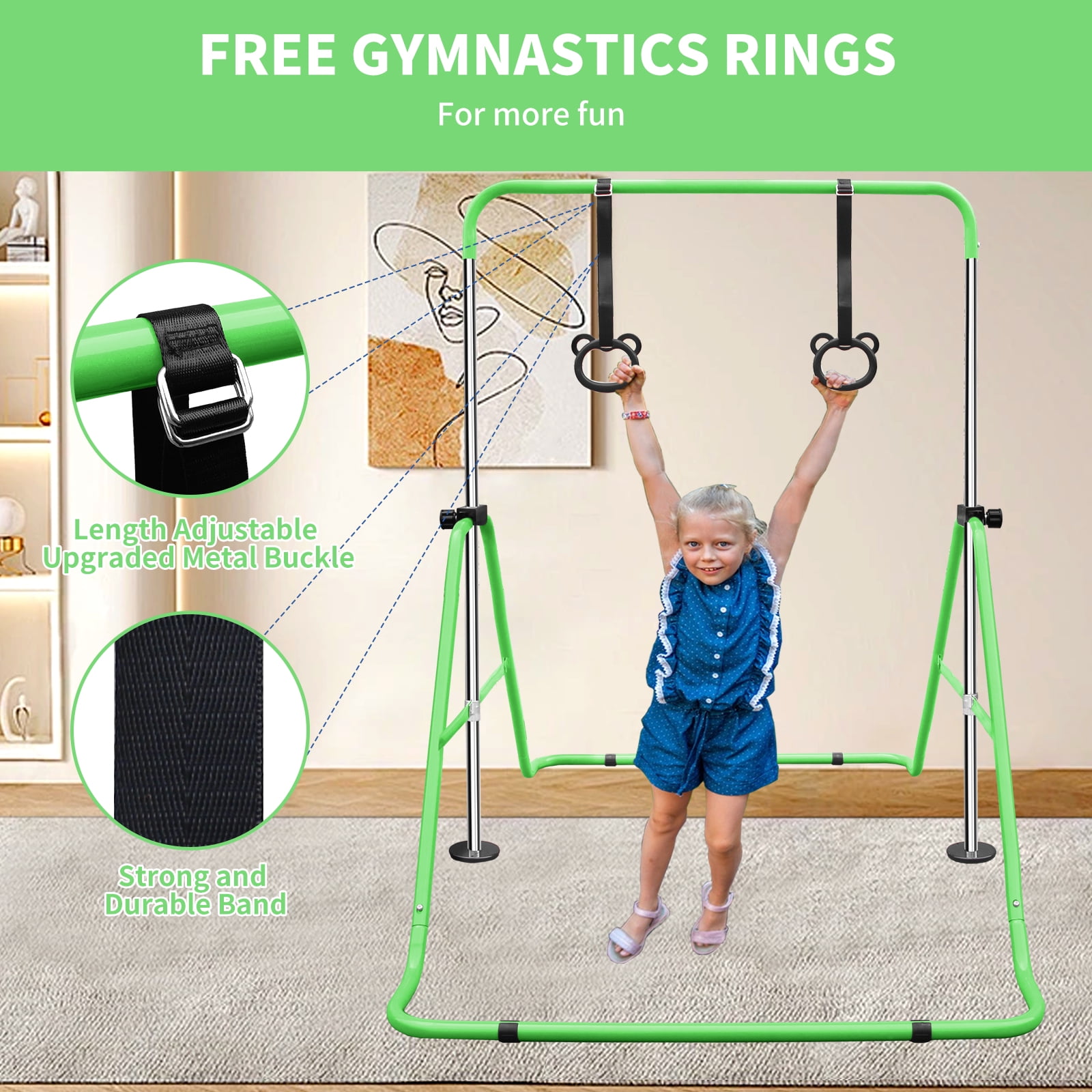Aukfa Expandable Gymnastic Bars,Adjustable Height Gymnastic Horizontal Bars for Kids, Folding Training Bars,Green