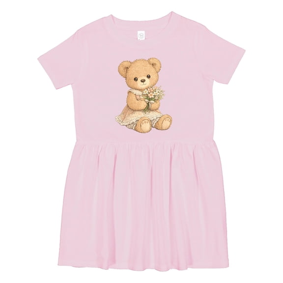 Inktastic Cute Teddy Bear Holding Flowers Girls Toddler Dress