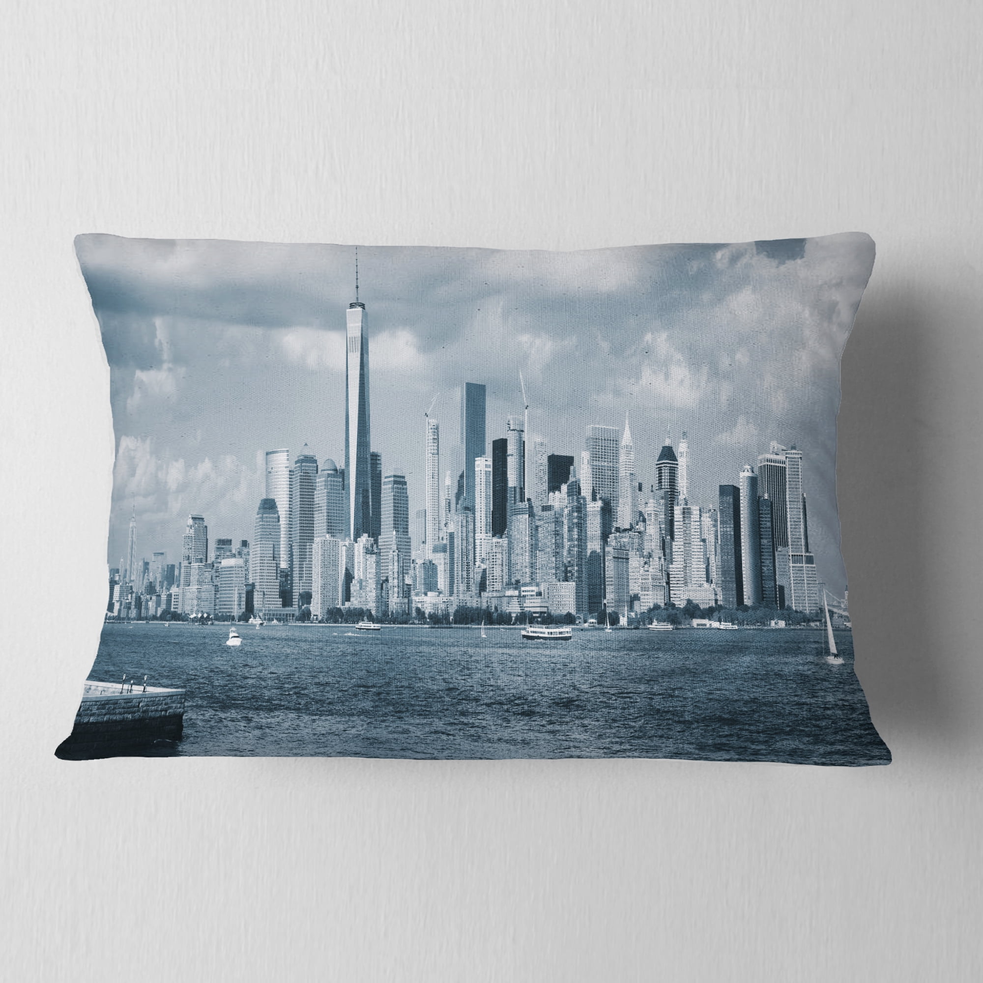 Designart Lower Manhattan Panorama Black White - Cityscape Throw Pillow - 12x20