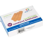 My Stuff Fabric Bandages, Flexible Cloth Adhesive for First Aid, Wound Care, Assorted Sizes, Non-Stick Gauze Pad, Pack of 100, Brown