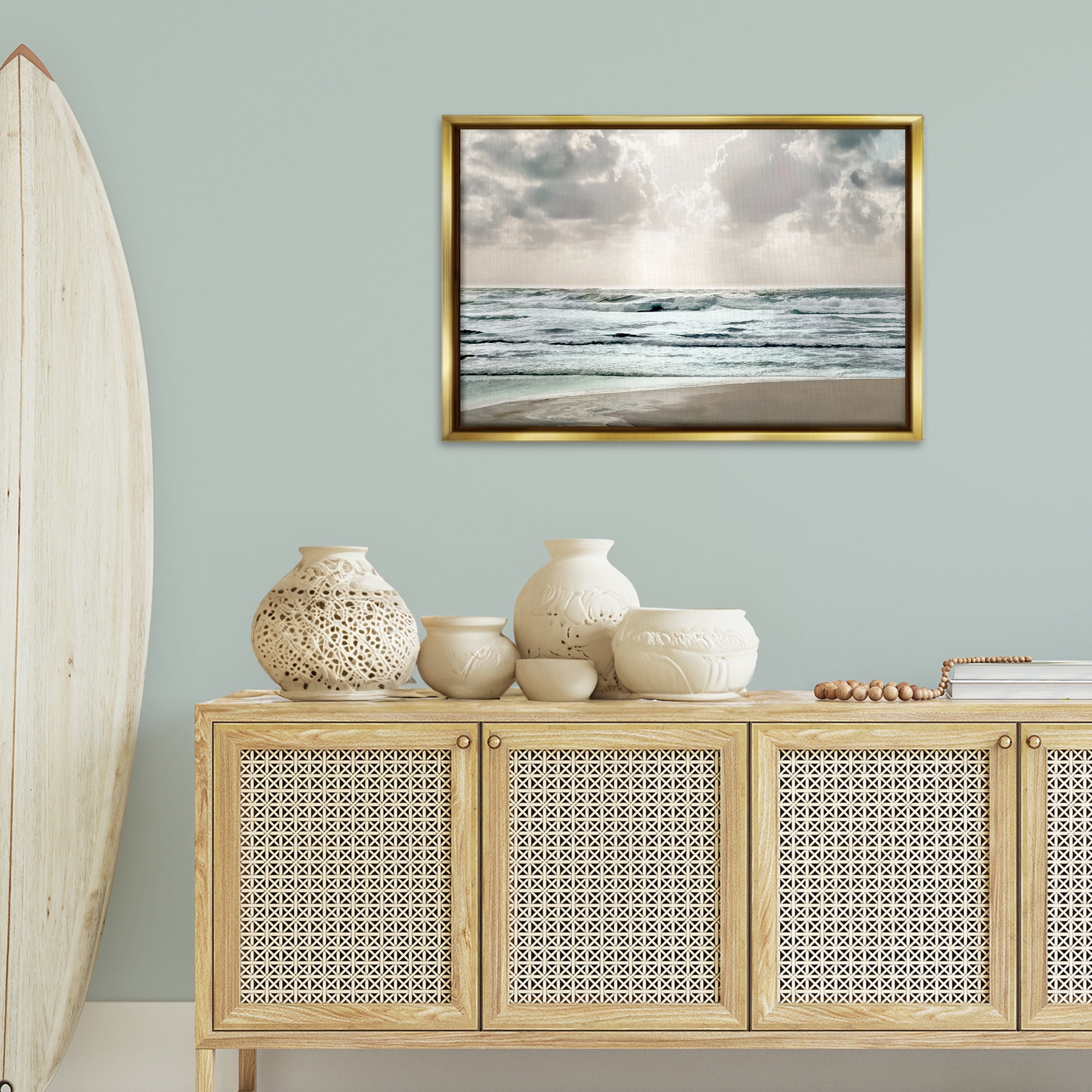 Stupell Industries Cloudy Sunlight Beach Landscape Photography Gold Floater Framed Canvas Art Print Wall Art, 31 x 21