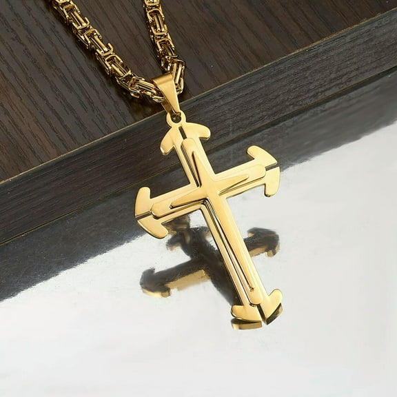 QQTDFG Hot 18K Gold Tone Cross Pendant Necklace Stainless Steel Byzantine Chain for Men-default