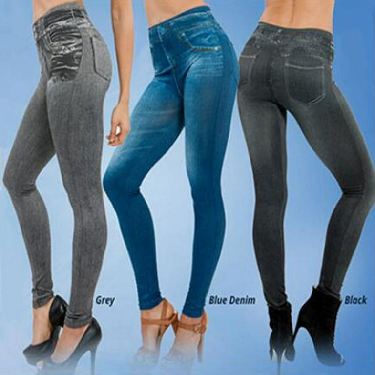 US Women Faux Denim Jeans Push Up Leggings High Waist Pencil Pants Trousers  Slim